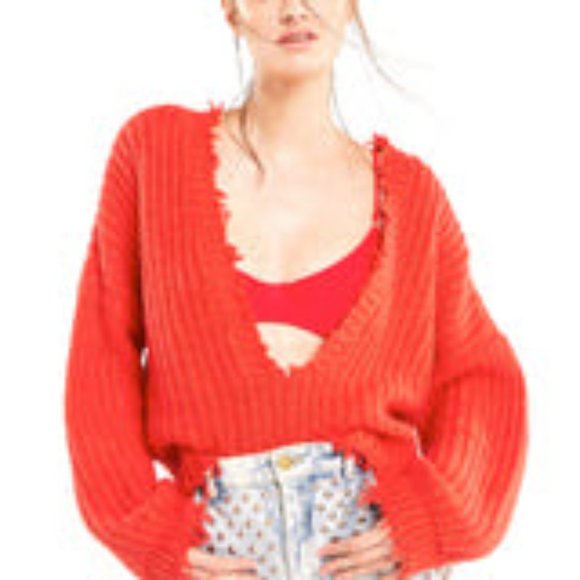 Red WildFox Red Plunge Front or Back Cropped Sweater - Picture 1 of 4